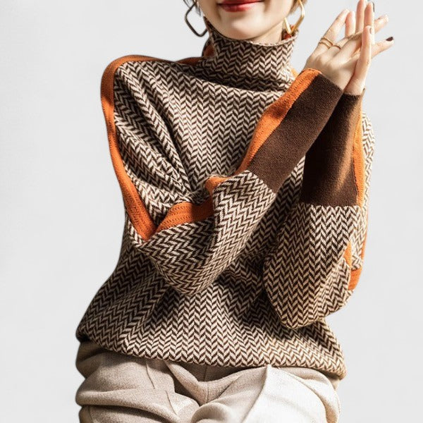 Women's Turtleneck Herringbone Sweater Colorblock Long Sleeve Knit Winter Pullover