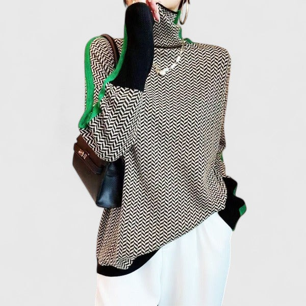 Women's Turtleneck Herringbone Sweater Colorblock Long Sleeve Knit Winter Pullover