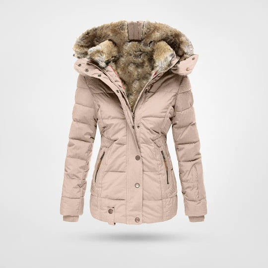 Women's Hooded Puffer Jacket – Mid-Length Quilted Fur Trim Winter Coat