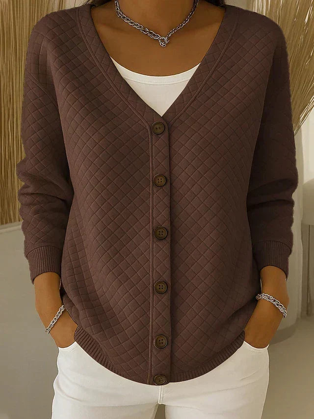 Women's Quilted Cardigan V-Neck Long Sleeve Button Front Cotton Blend Casual