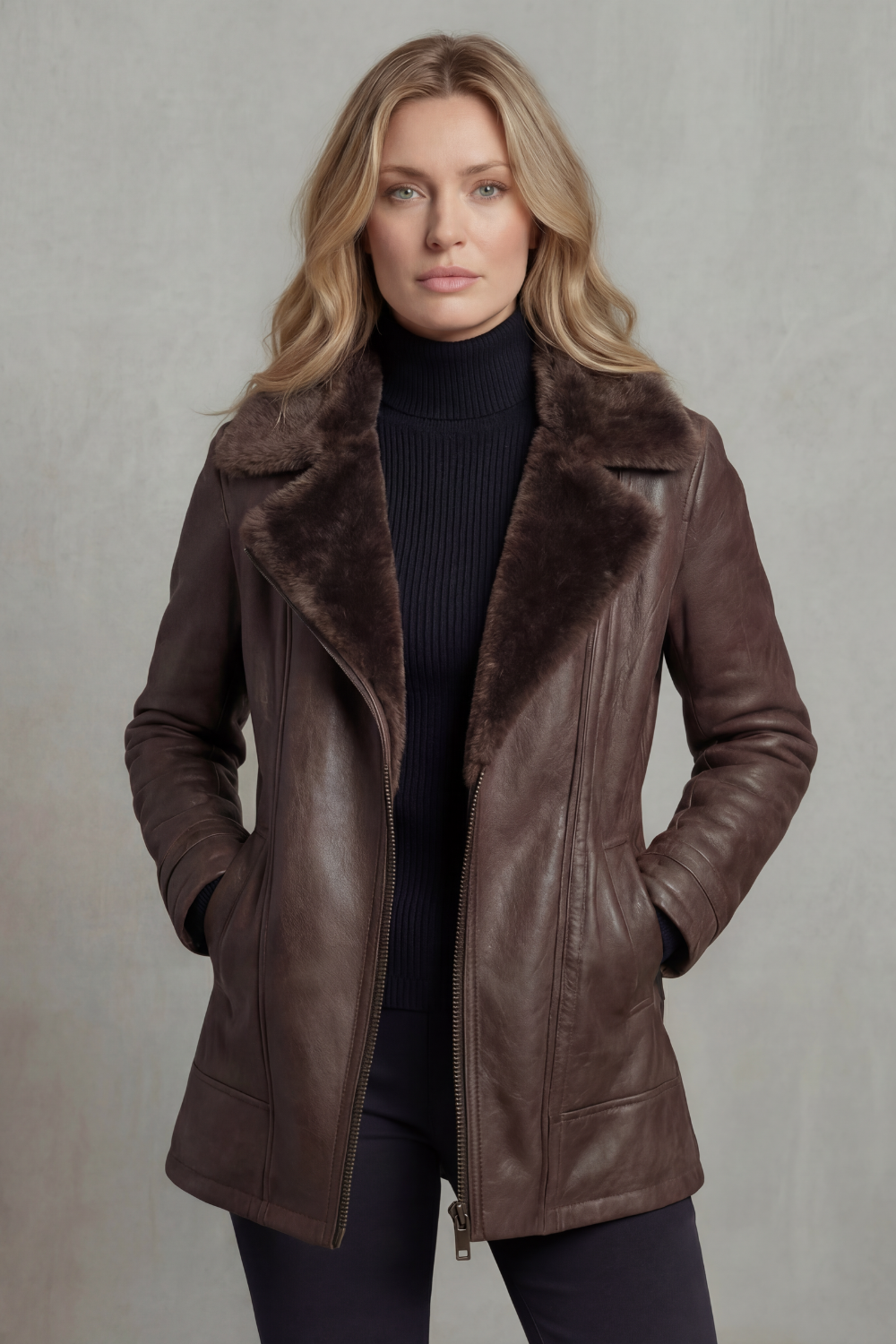 Women's Shearling-Lined Leather Jacket Fur Collar Zip-Up Brown Winter Coat