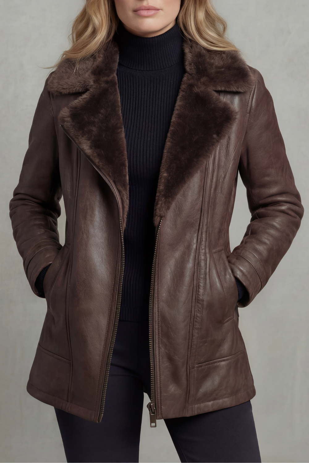 Women's Shearling-Lined Leather Jacket Fur Collar Zip-Up Brown Winter Coat