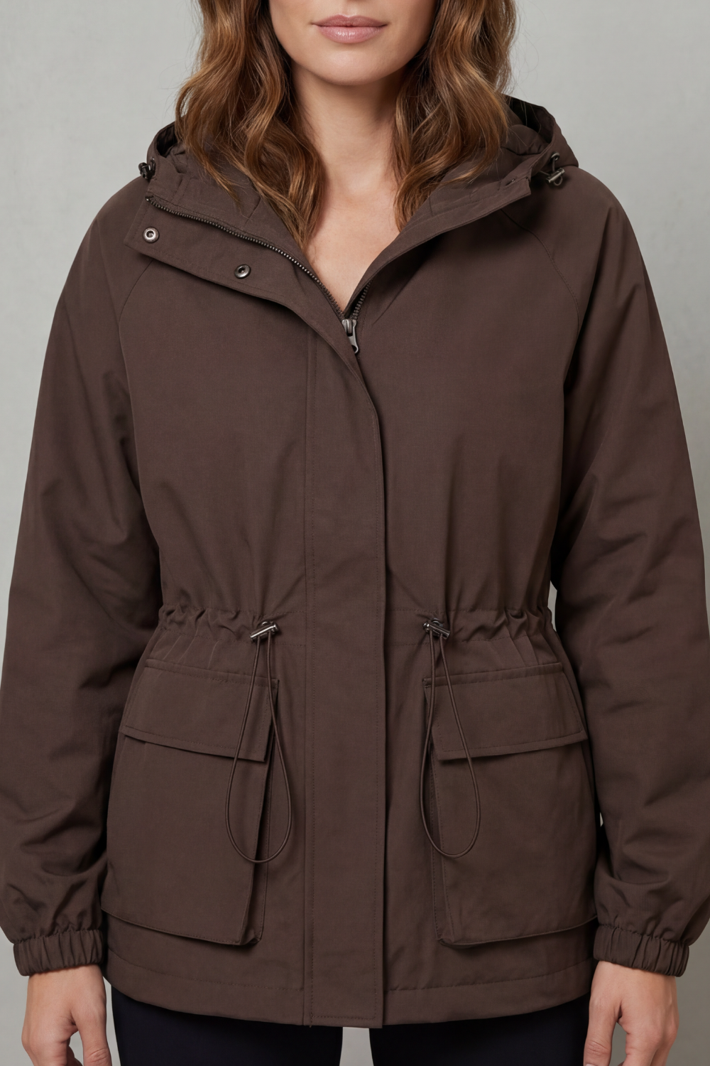 Women's Waterproof Utility Jacket Hooded Drawstring Waist Zip Front Cargo Pocket