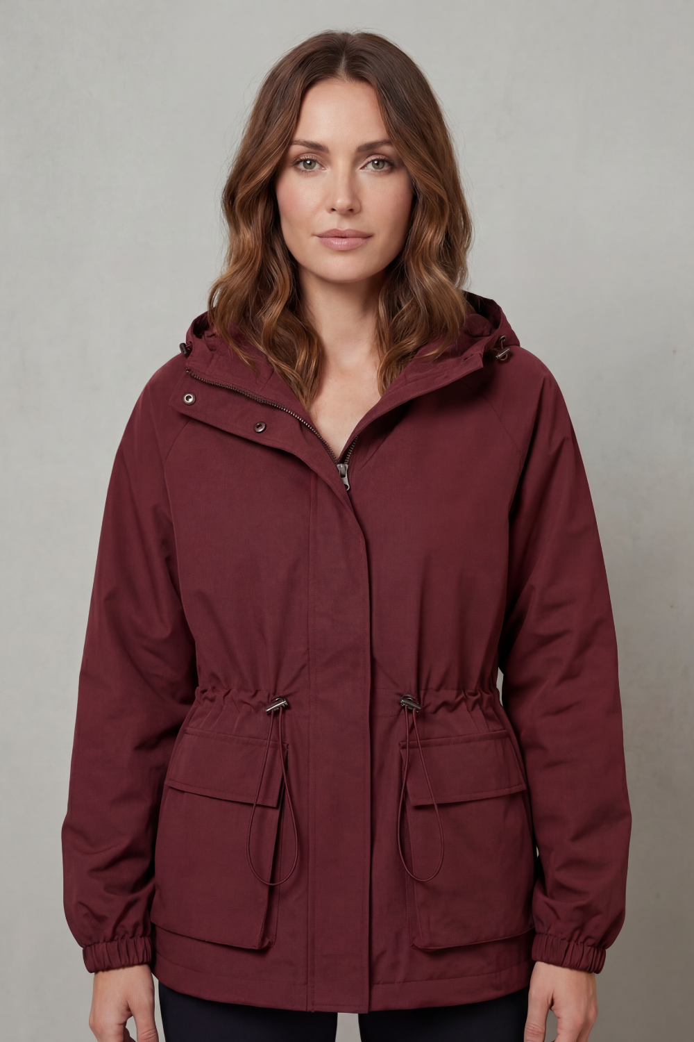 Women's Waterproof Utility Jacket Hooded Drawstring Waist Zip Front Cargo Pocket