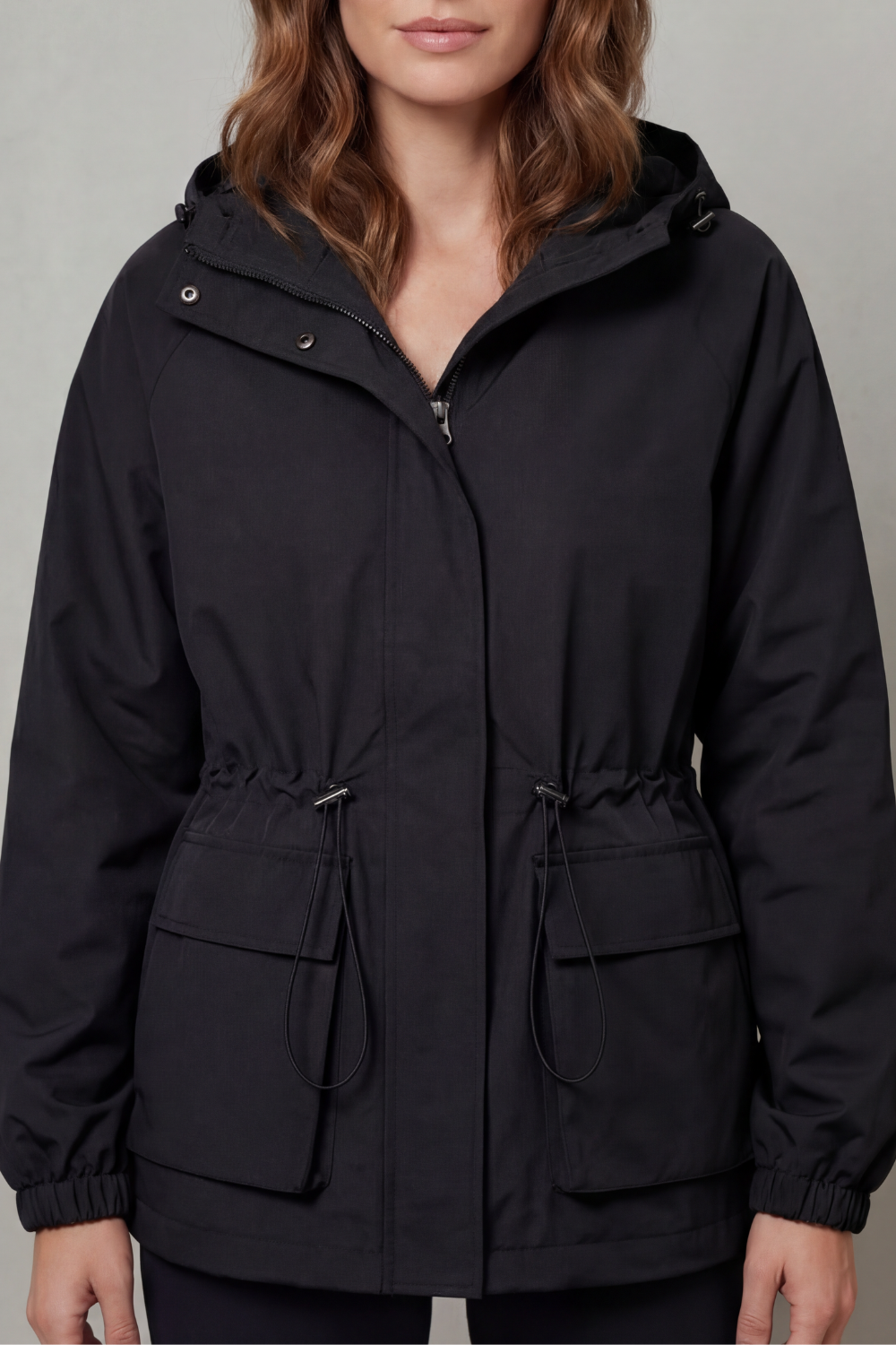 Women's Waterproof Utility Jacket Hooded Drawstring Waist Zip Front Cargo Pocket