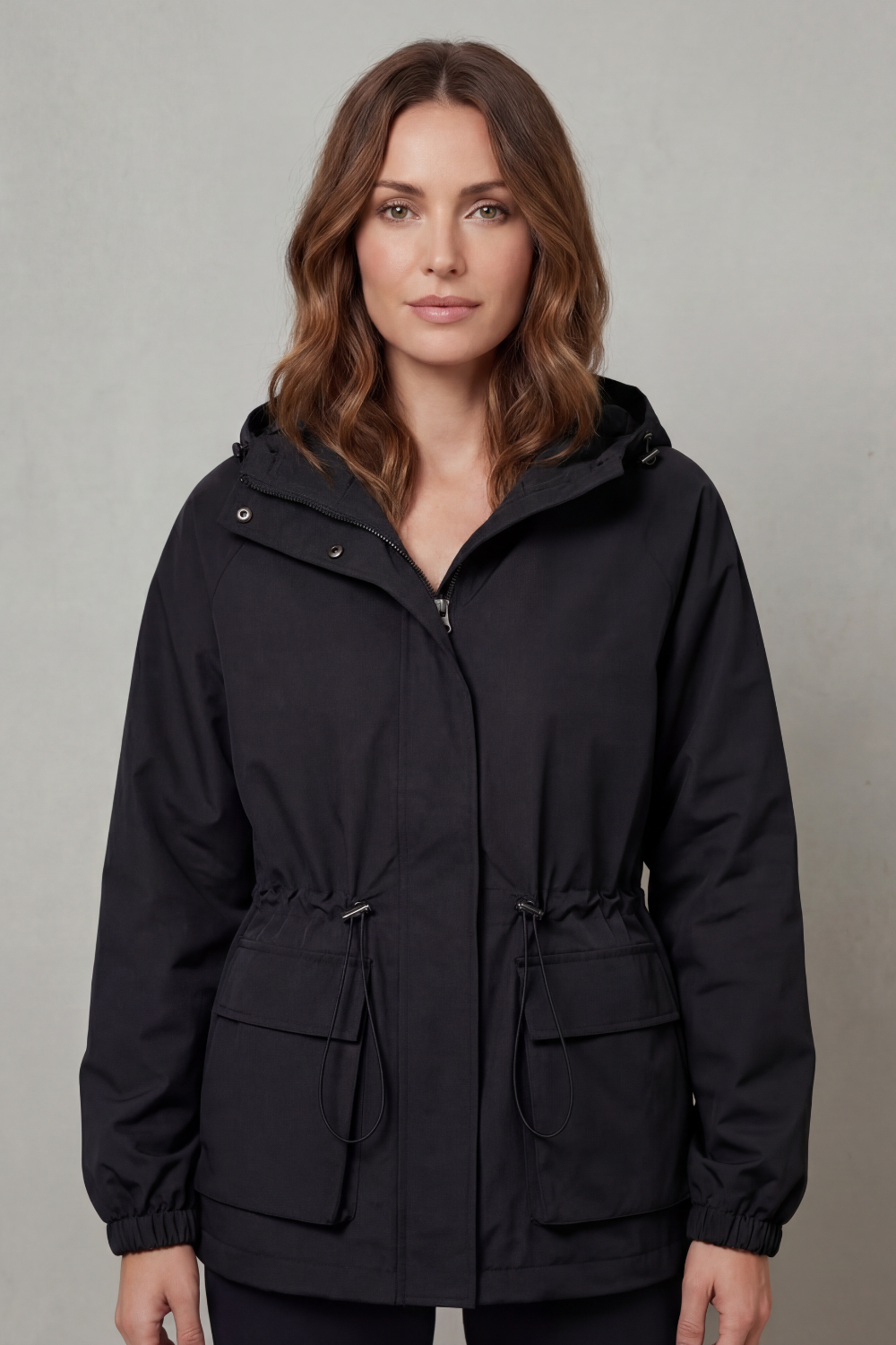 Women's Waterproof Utility Jacket Hooded Drawstring Waist Zip Front Cargo Pocket