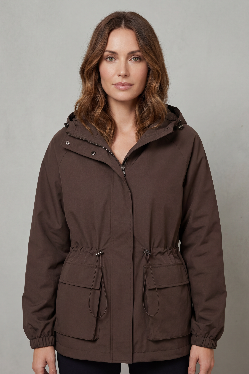 Women's Waterproof Utility Jacket Hooded Drawstring Waist Zip Front Cargo Pocket