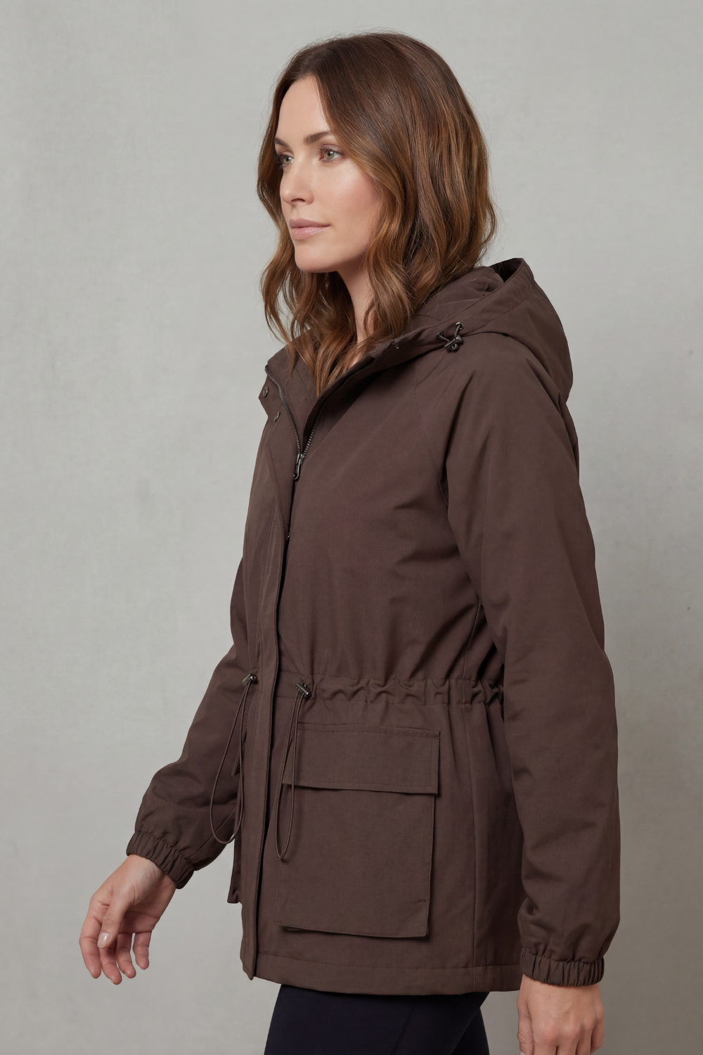 Women's Waterproof Utility Jacket Hooded Drawstring Waist Zip Front Cargo Pocket
