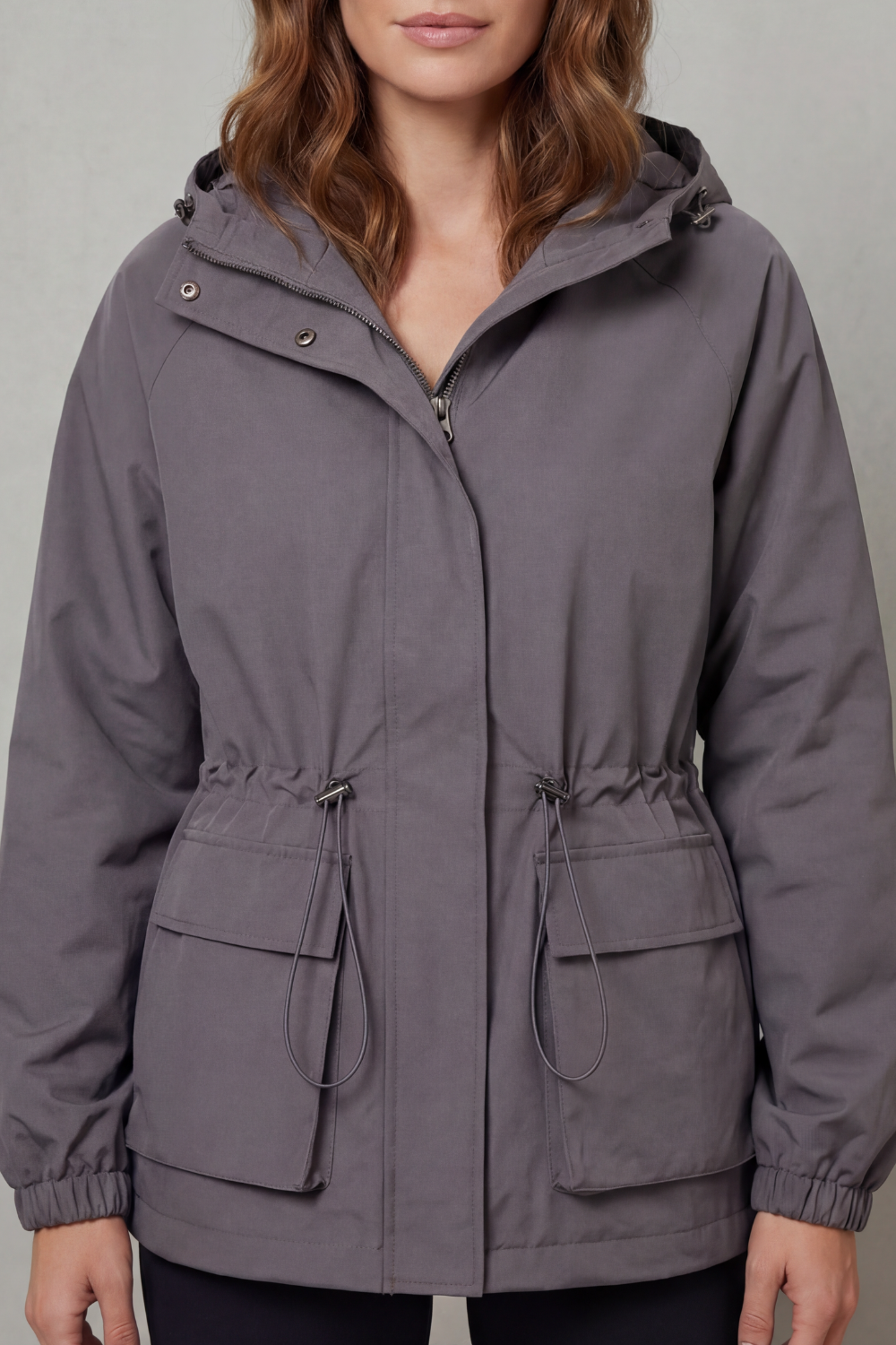 Women's Waterproof Utility Jacket Hooded Drawstring Waist Zip Front Cargo Pocket