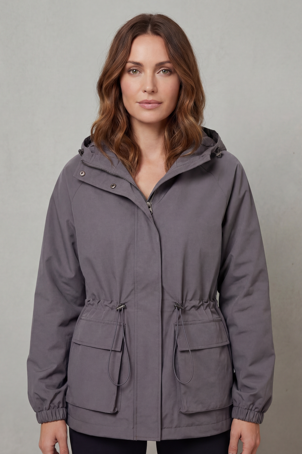 Women's Waterproof Utility Jacket Hooded Drawstring Waist Zip Front Cargo Pocket