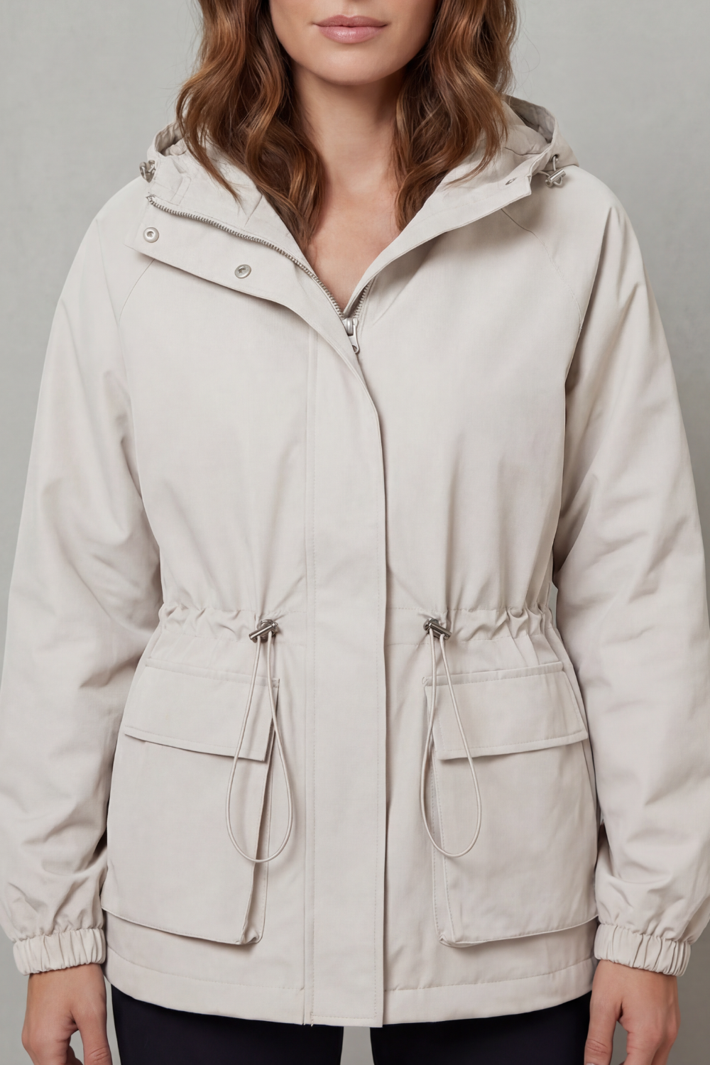 Women's Waterproof Utility Jacket Hooded Drawstring Waist Zip Front Cargo Pocket