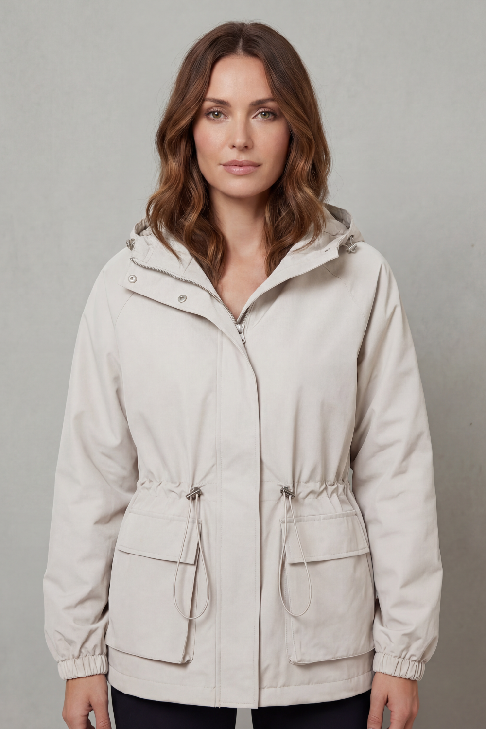 Women's Waterproof Utility Jacket Hooded Drawstring Waist Zip Front Cargo Pocket