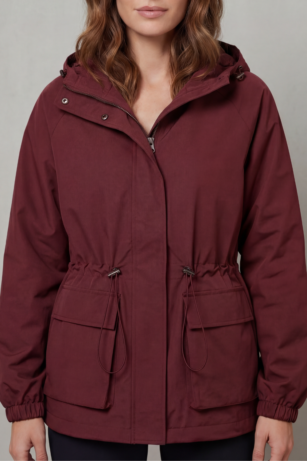 Women's Waterproof Utility Jacket Hooded Drawstring Waist Zip Front Cargo Pocket