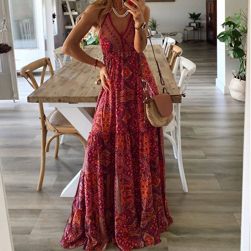 Women's Maxi Dress V-Neck Spaghetti Straps Flowy Draped Casual