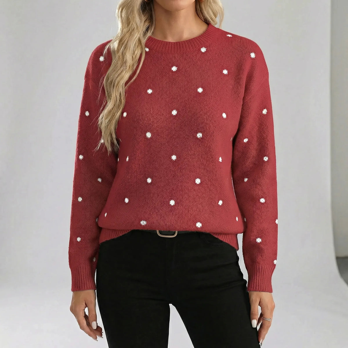 Women's Relaxed Fit Polka Dot Sweater Crewneck Long Sleeve Knit