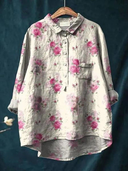 Women's Floral Linen Shirt Long Sleeve Button-Down Chest Pocket Casual Blouse