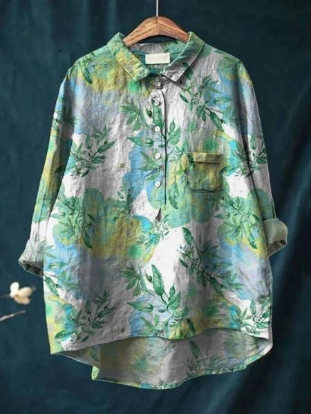 Women's Floral Linen Shirt Long Sleeve Button-Down Chest Pocket Casual Blouse