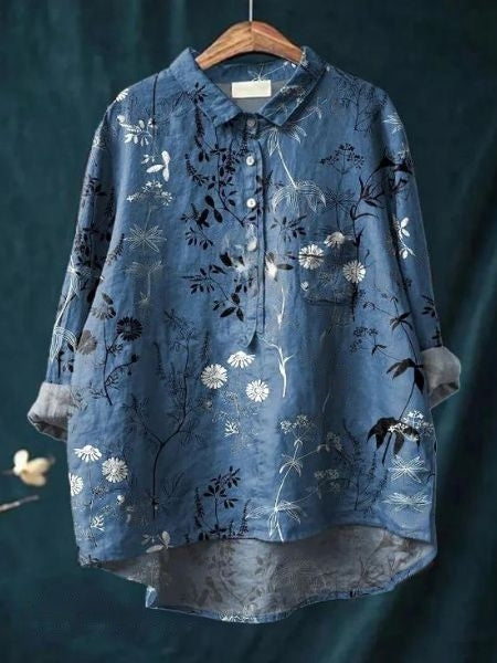 Women's Floral Linen Shirt Long Sleeve Button-Down Chest Pocket Casual Blouse