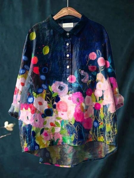 Women's Floral Linen Shirt Long Sleeve Button-Down Chest Pocket Casual Blouse