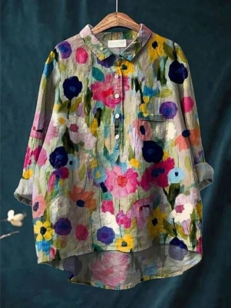 Women's Floral Linen Shirt Long Sleeve Button-Down Chest Pocket Casual Blouse