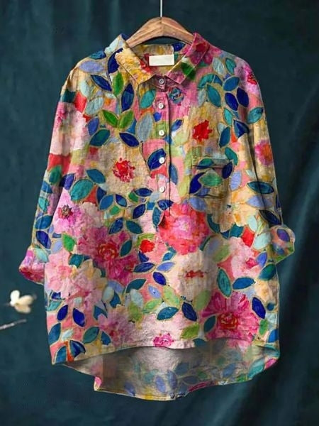 Women's Floral Linen Shirt Long Sleeve Button-Down Chest Pocket Casual Blouse