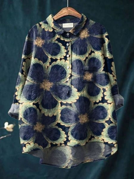 Women's Floral Linen Shirt Long Sleeve Button-Down Chest Pocket Casual Blouse