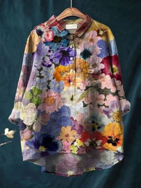 Women's Floral Linen Shirt Long Sleeve Button-Down Chest Pocket Casual Blouse