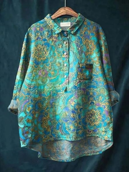 Women's Floral Linen Shirt Long Sleeve Button-Down Chest Pocket Casual Blouse