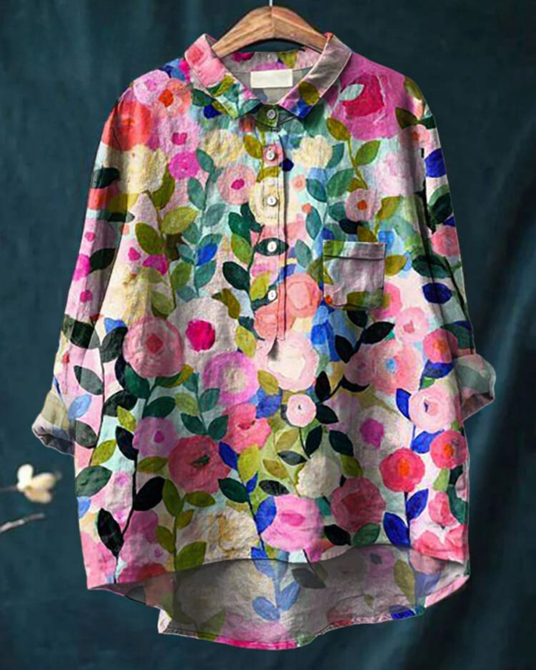 Women's Floral Linen Shirt Long Sleeve Button-Down Chest Pocket Casual Blouse
