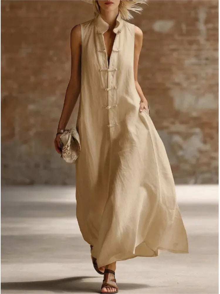 Women's Linen Maxi Dress Mandarin Collar Sleeveless Frog Button Casual