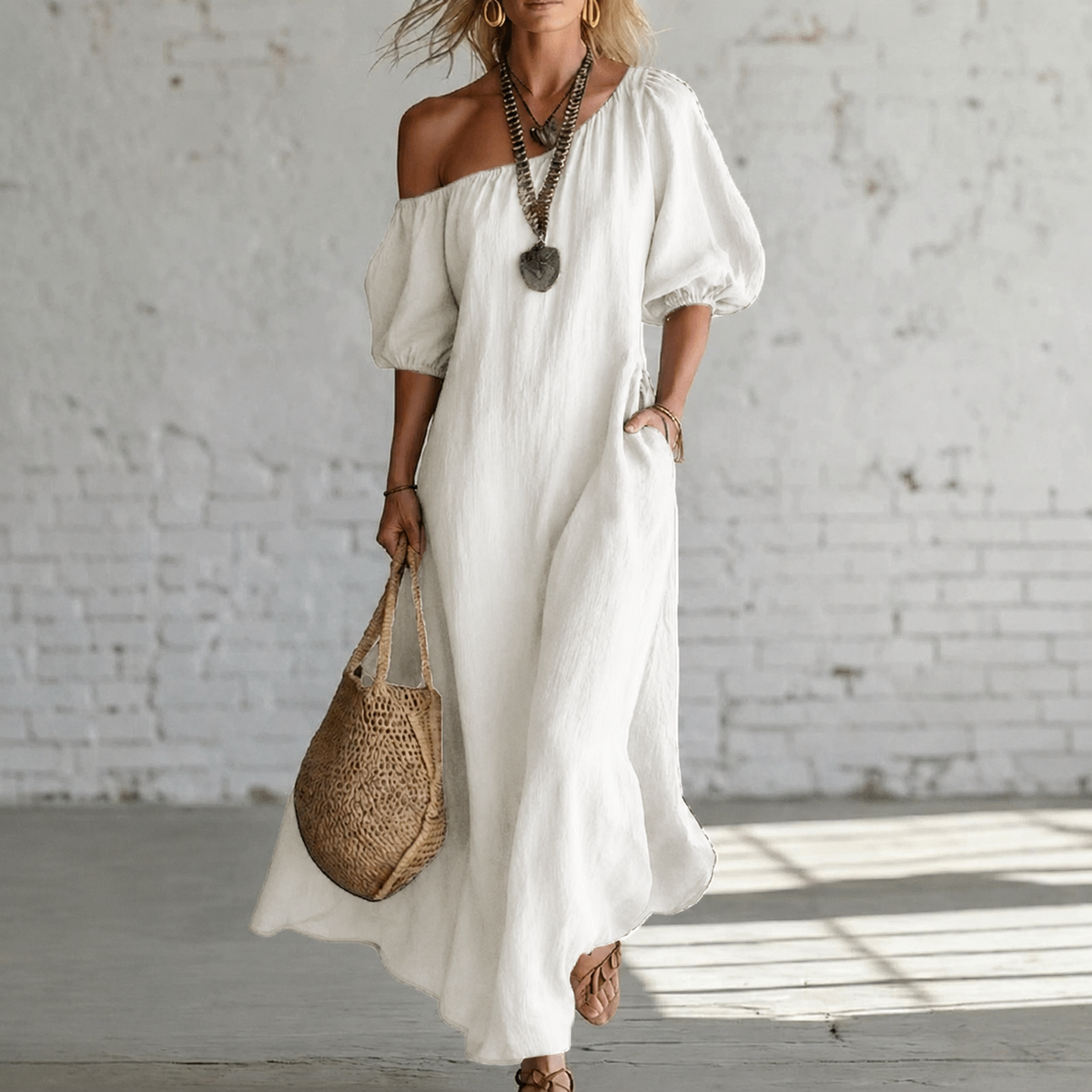 Women's Off-Shoulder Maxi Dress Puff Sleeve Linen Casual Beach