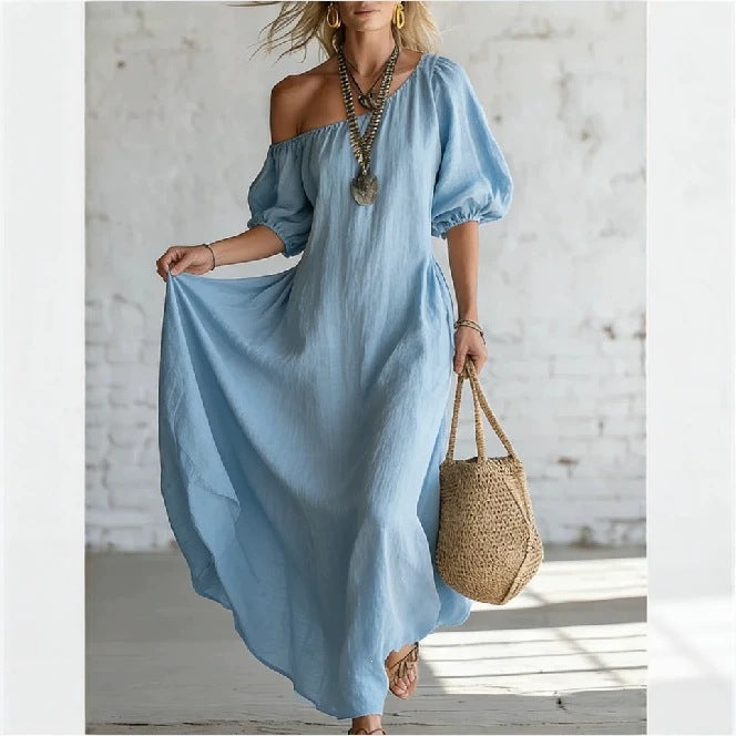 Women's Off-Shoulder Maxi Dress Puff Sleeve Linen Casual Beach