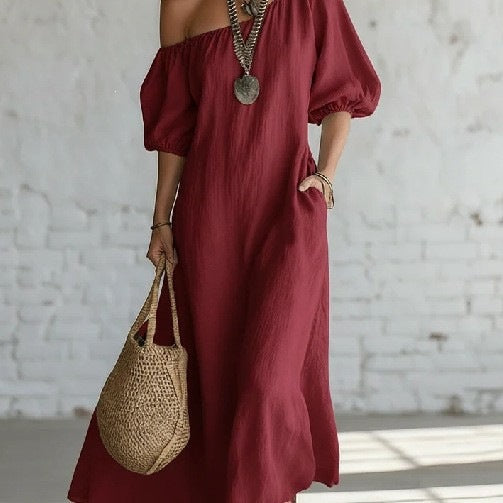 Women's Off-Shoulder Maxi Dress Puff Sleeve Linen Casual Beach