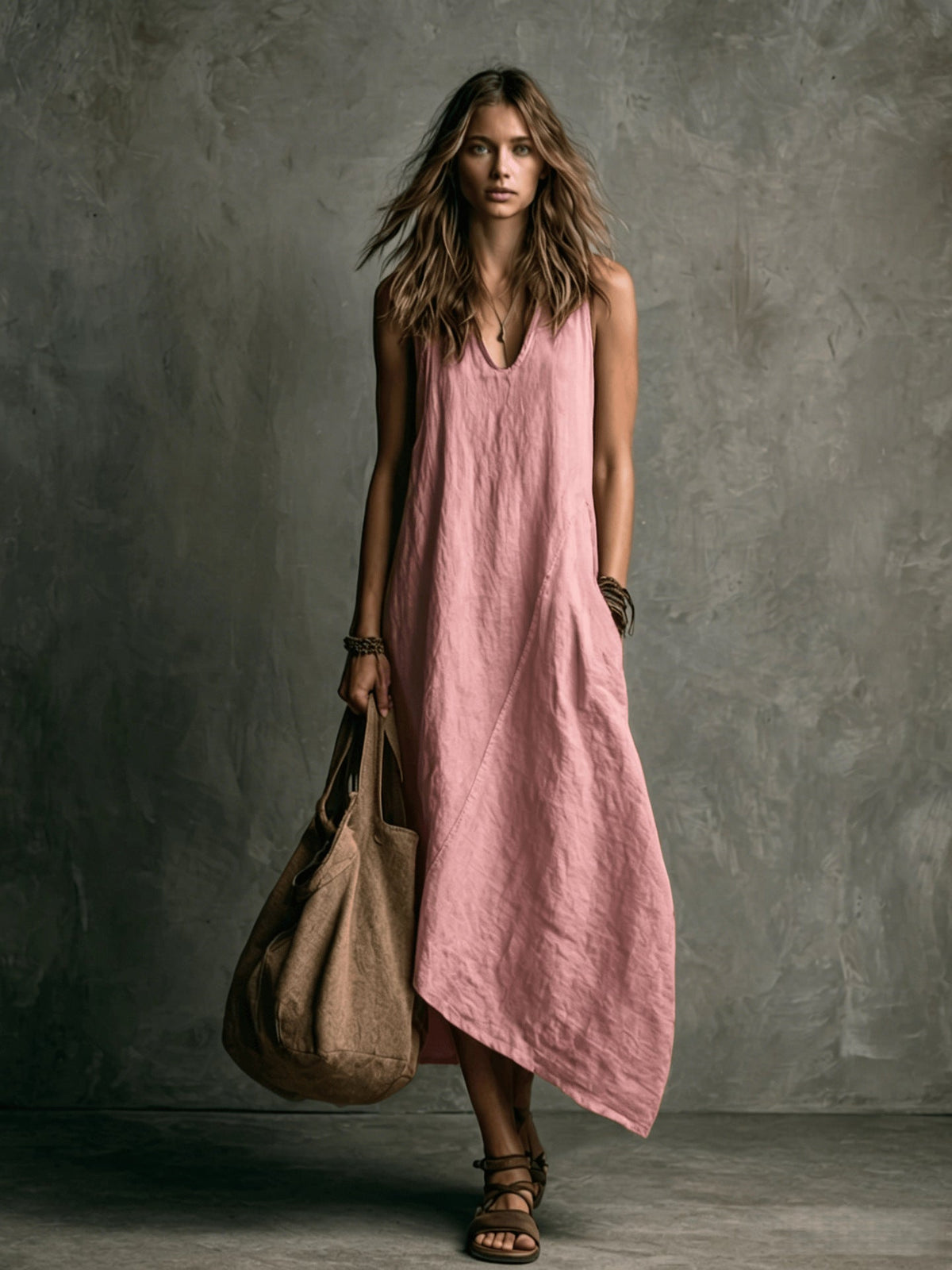 Women's Linen Maxi Dress V-Neck Sleeveless Asymmetric Hem Beach Casual