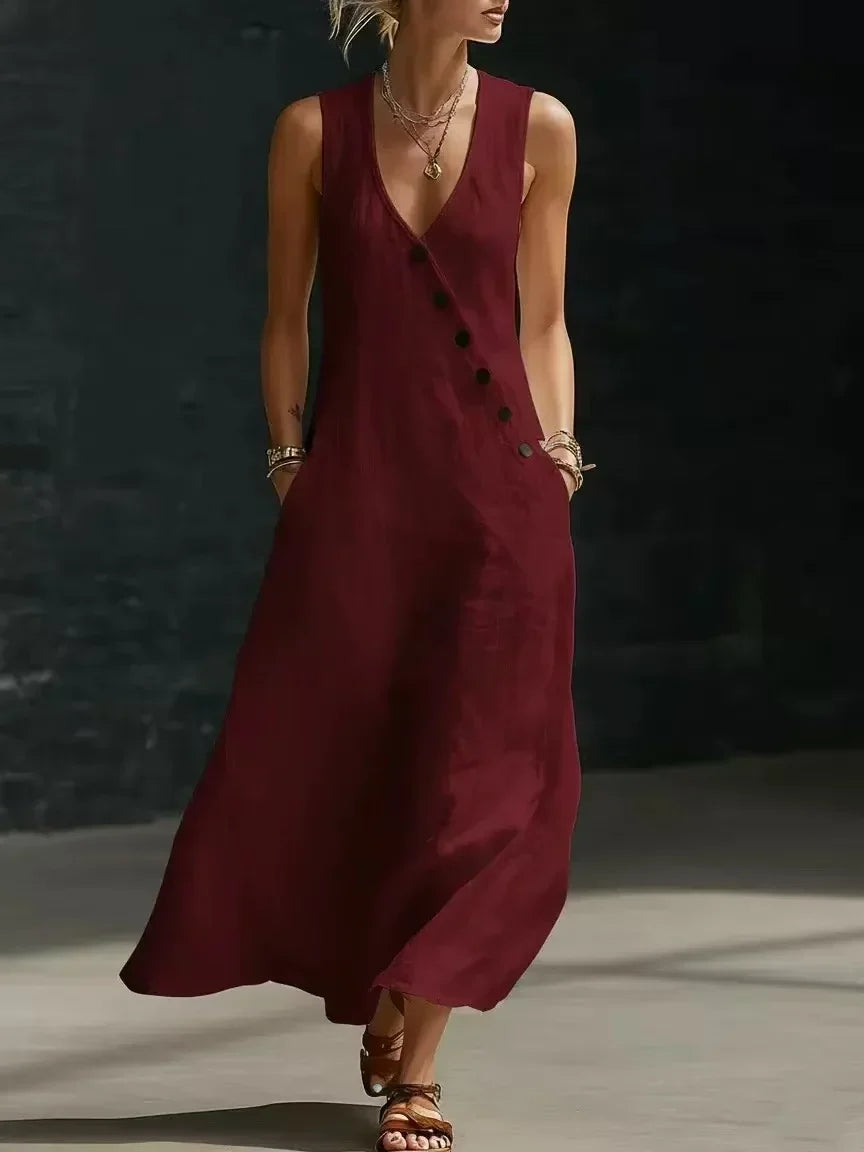 Women's Linen Maxi Dress V-Neck Sleeveless Diagonal Button Casual Beach