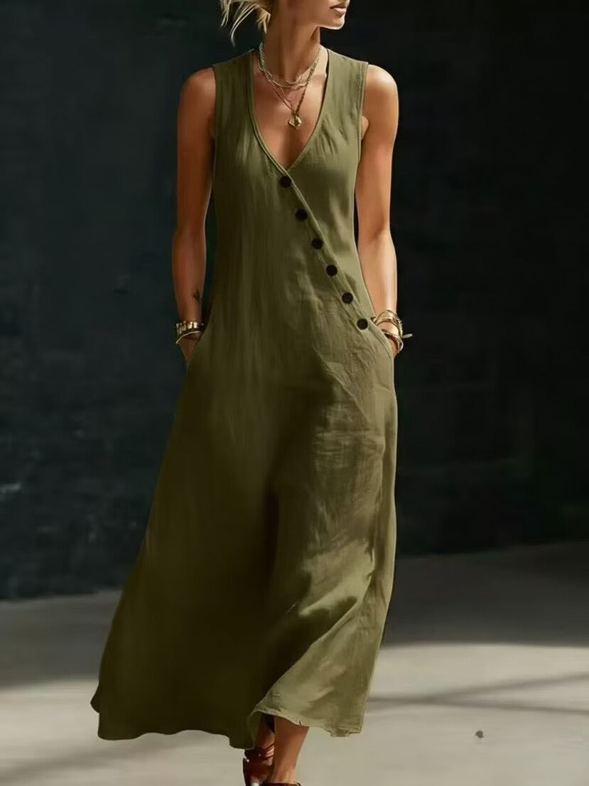 Women's Linen Maxi Dress V-Neck Sleeveless Diagonal Button Casual Beach