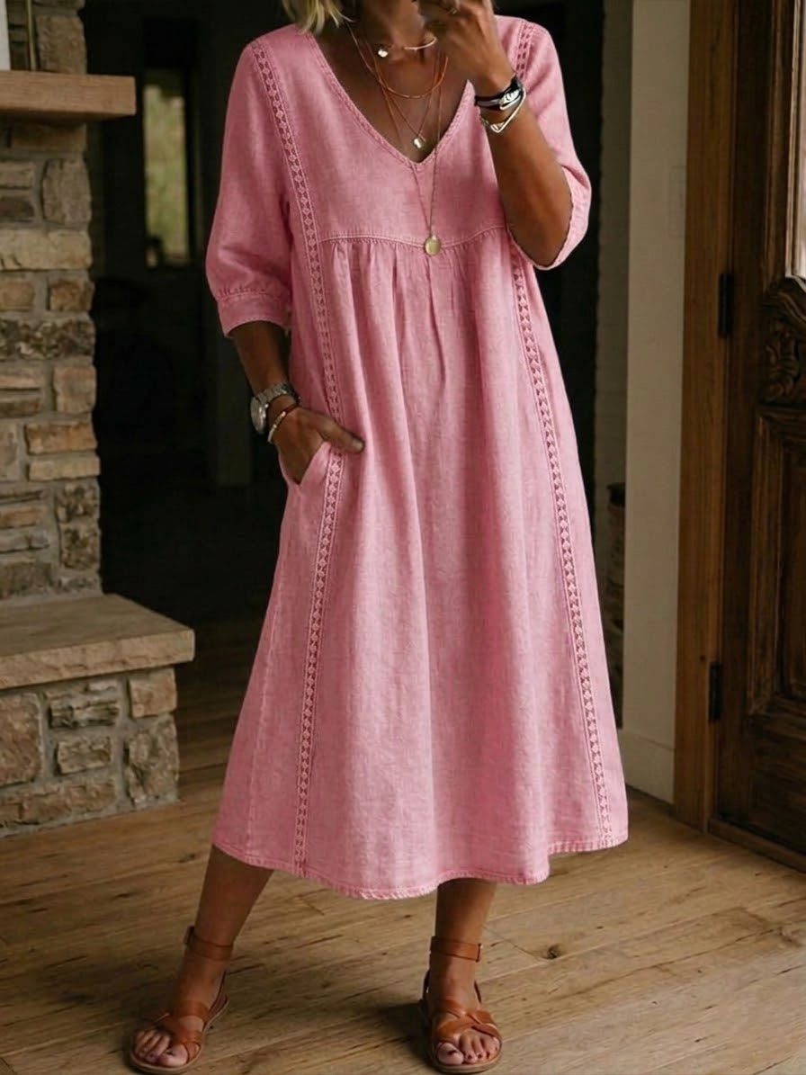 Women's Linen Midi Dress V-Neck 3/4 Sleeve Lace Trim Side Pockets Casual