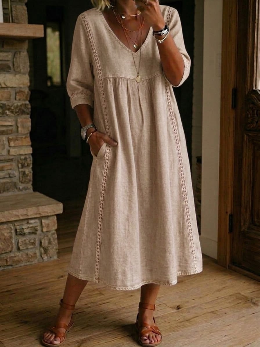 Women's Linen Midi Dress V-Neck 3/4 Sleeve Lace Trim Side Pockets Casual