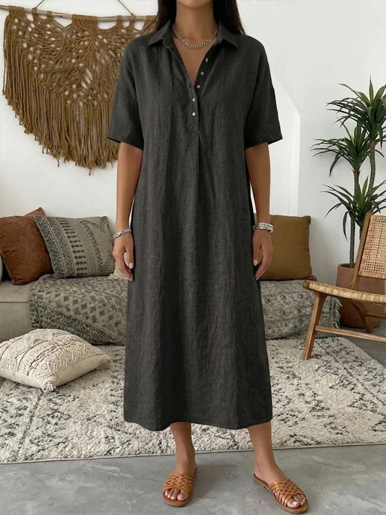 Women's Linen Shirt Dress Collared Short Sleeve Midi Button Placket Casual Beach