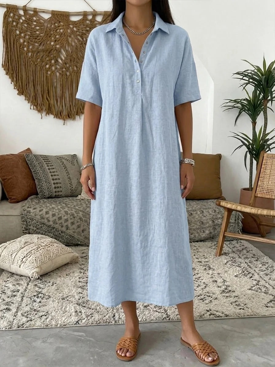 Women's Linen Shirt Dress Collared Short Sleeve Midi Button Placket Casual Beach