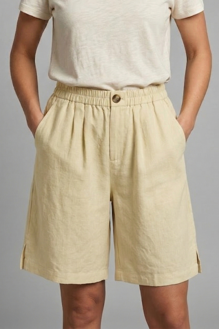 Women's Relaxed Linen Shorts Elasticated Waist Side Pockets Knee Length Casual
