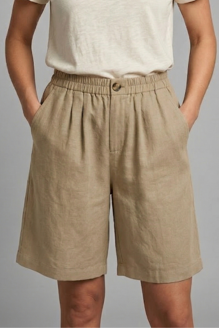 Women's Relaxed Linen Shorts Elasticated Waist Side Pockets Knee Length Casual