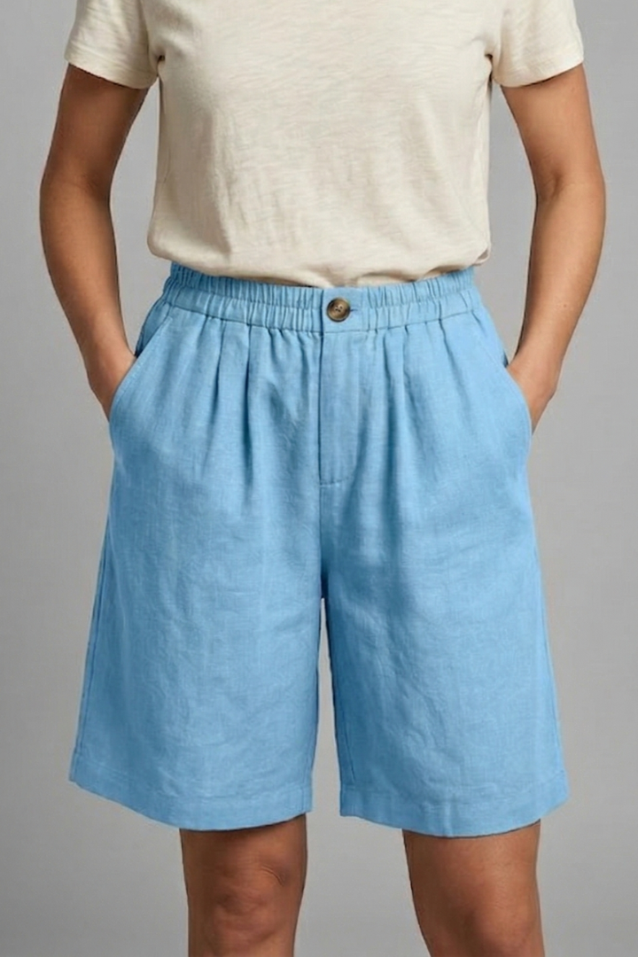 Women's Relaxed Linen Shorts Elasticated Waist Side Pockets Knee Length Casual