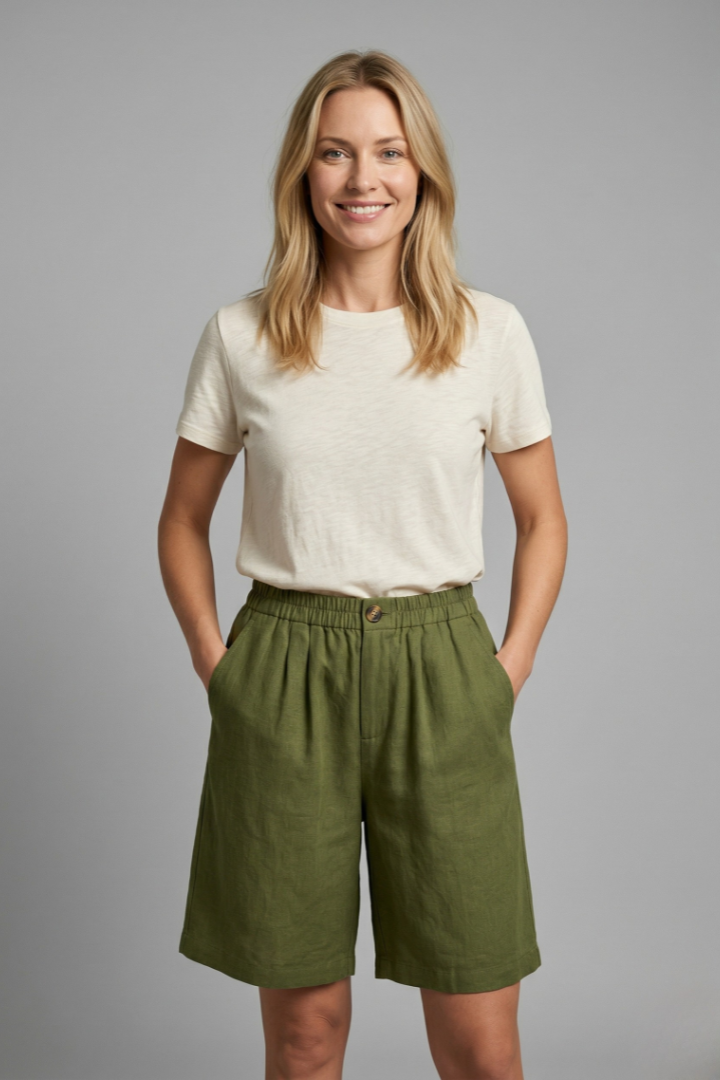 Women's Relaxed Linen Shorts Elasticated Waist Side Pockets Knee Length Casual