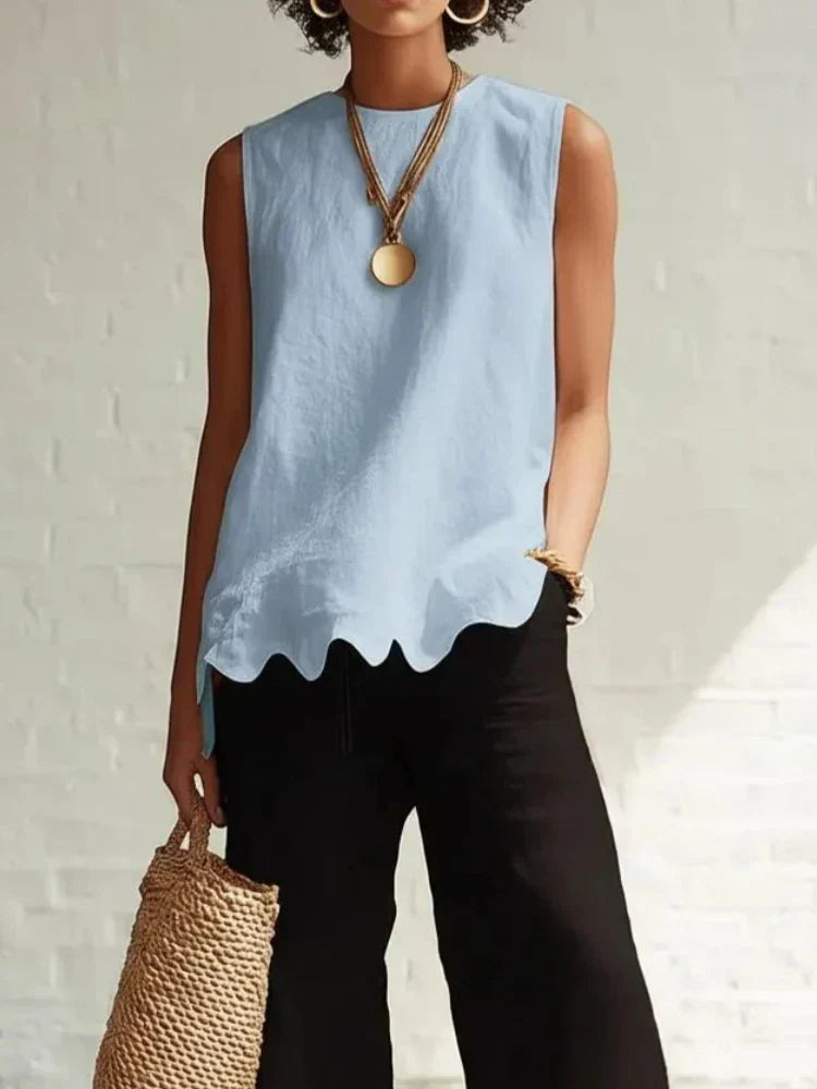 Women's Sleeveless Linen Top Scallop Hem Round Neck Casual Tank