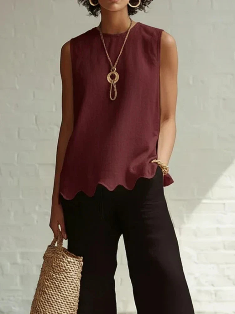 Women's Sleeveless Linen Top Scallop Hem Round Neck Casual Tank