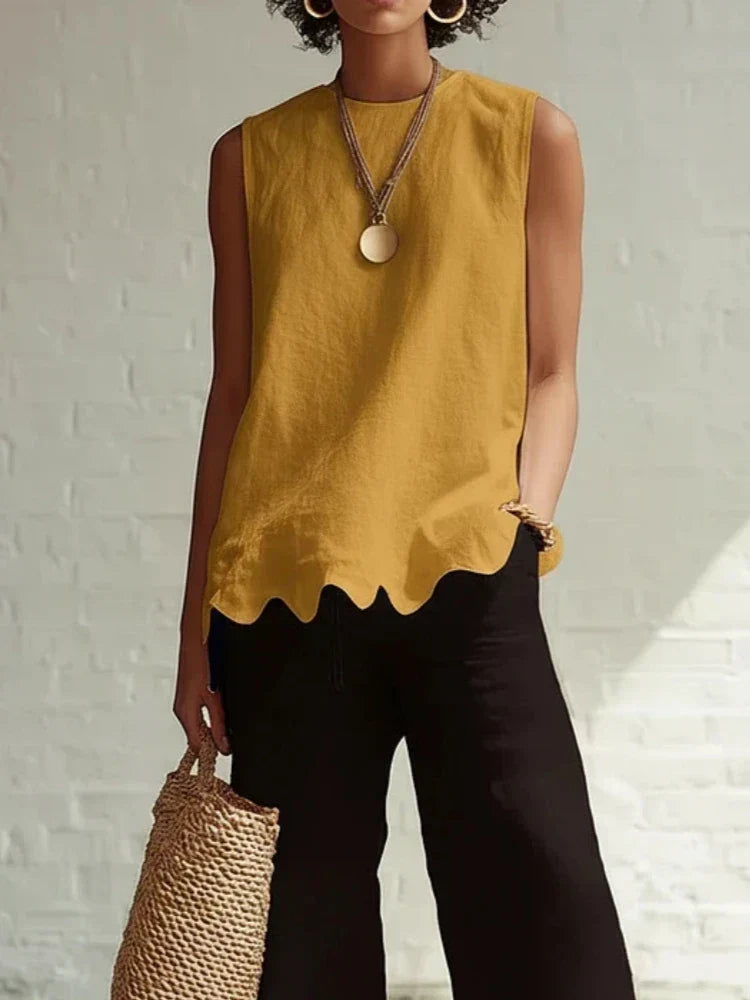 Women's Sleeveless Linen Top Scallop Hem Round Neck Casual Tank