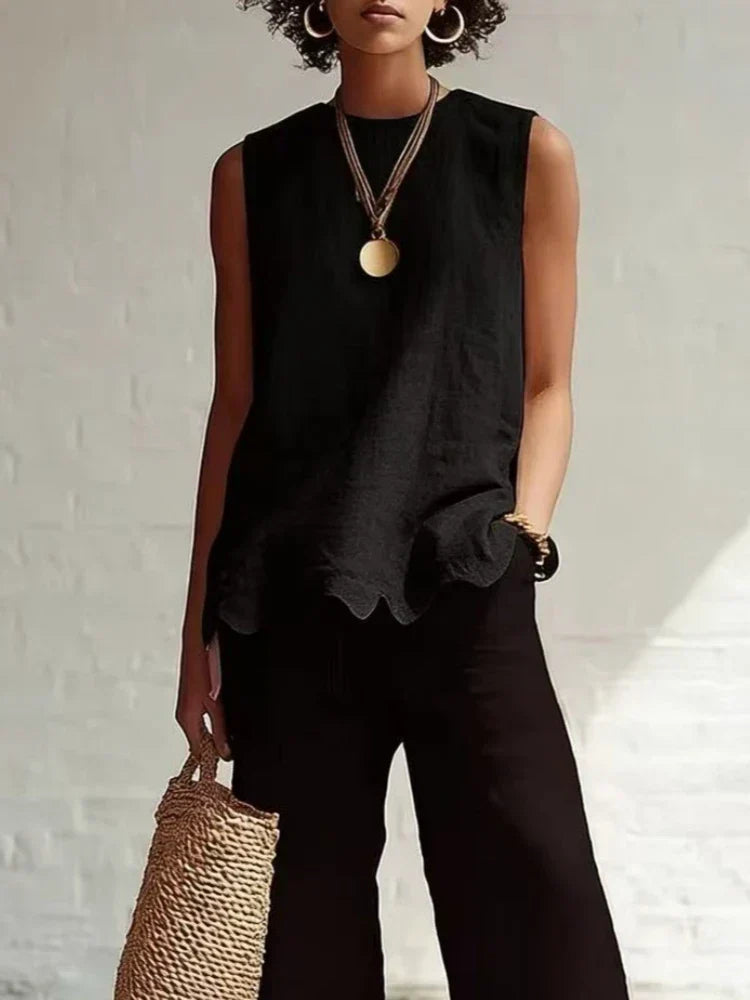 Women's Sleeveless Linen Top Scallop Hem Round Neck Casual Tank