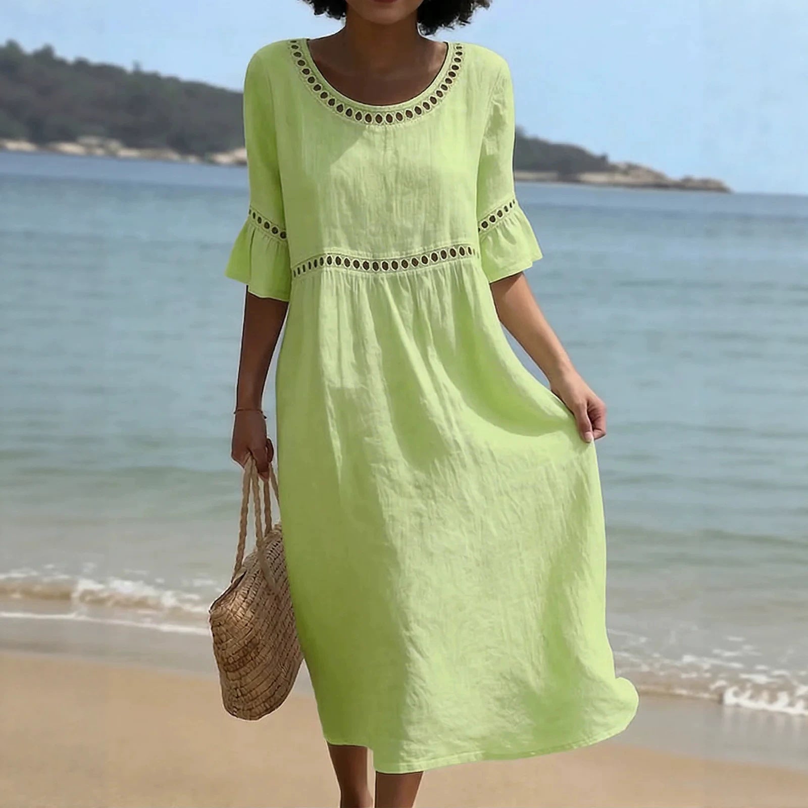 Women's Linen Midi Dress Hollow Out Flared Sleeve Round Neck Beach Casual