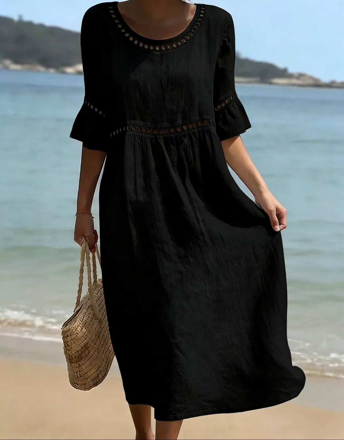 Women's Linen Midi Dress Hollow Out Flared Sleeve Round Neck Beach Casual